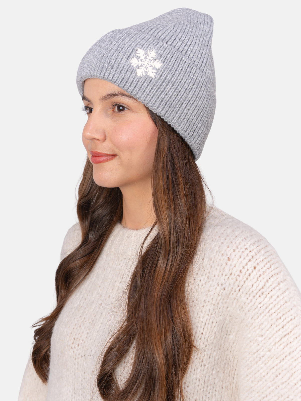 Beanie Mütze mit Schneeflocke #Farbe_Hellgrau