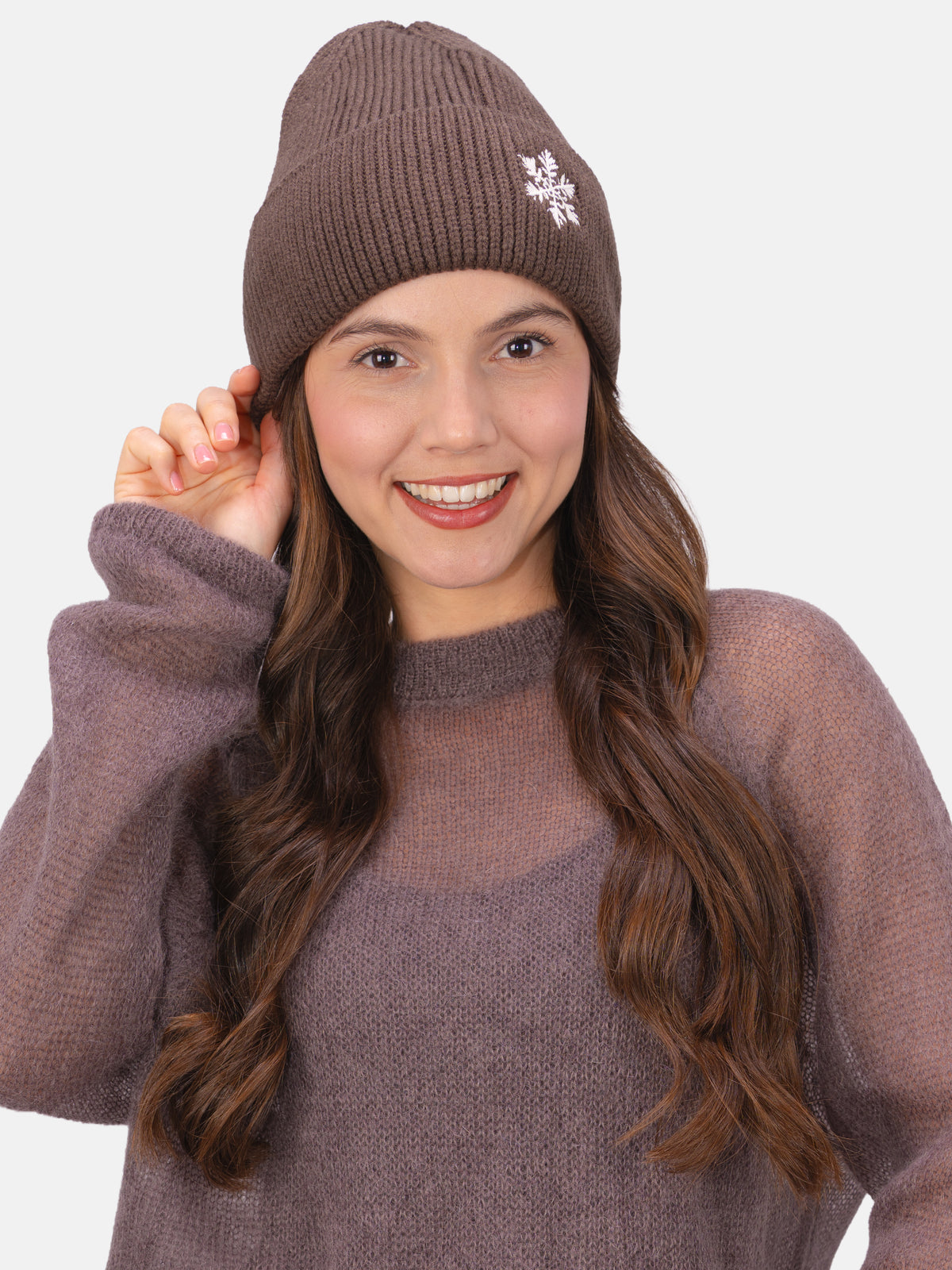 Beanie Mütze mit Schneeflocke #Farbe_Mokka