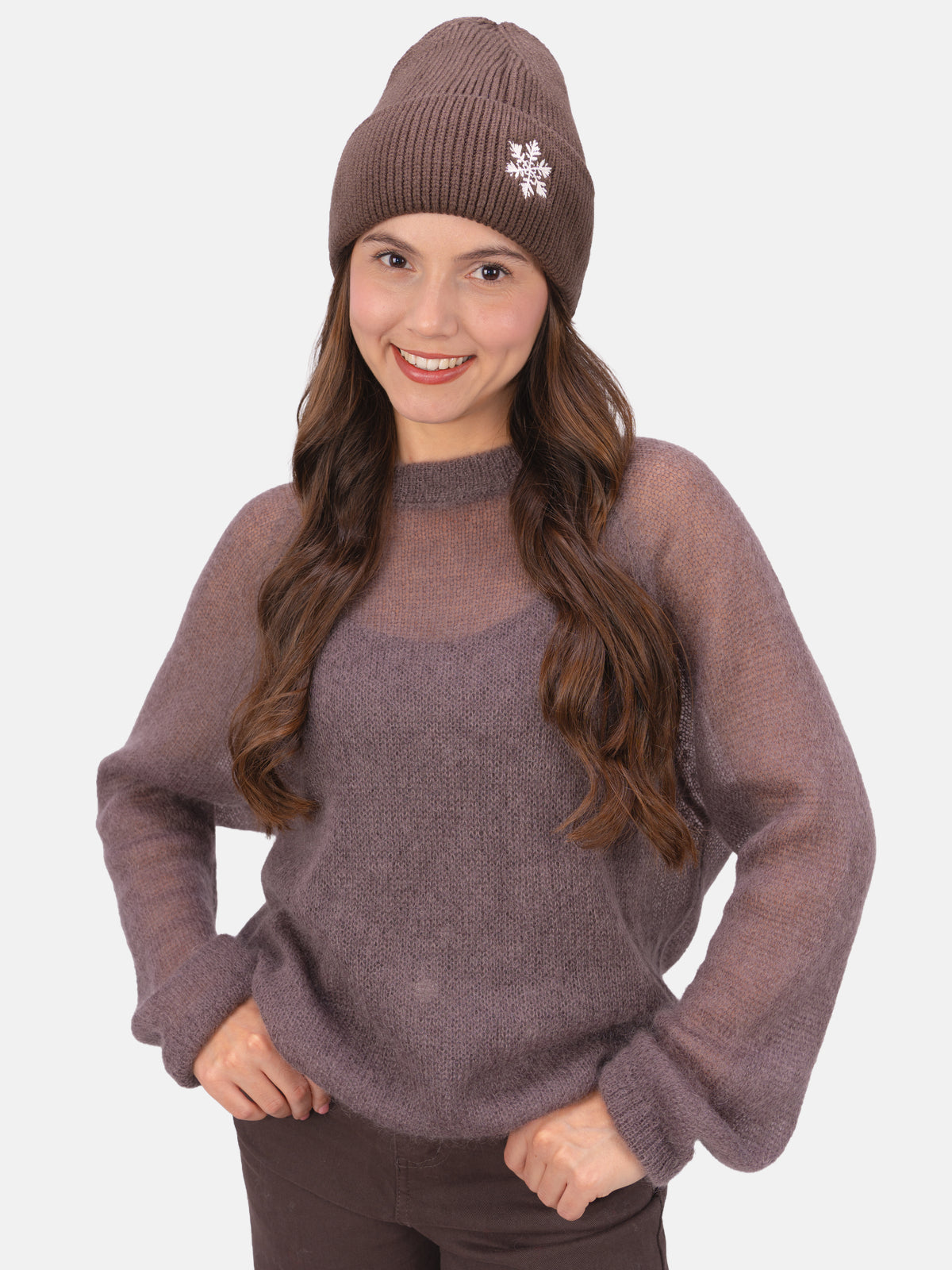 Beanie Mütze mit Schneeflocke #Farbe_Mokka