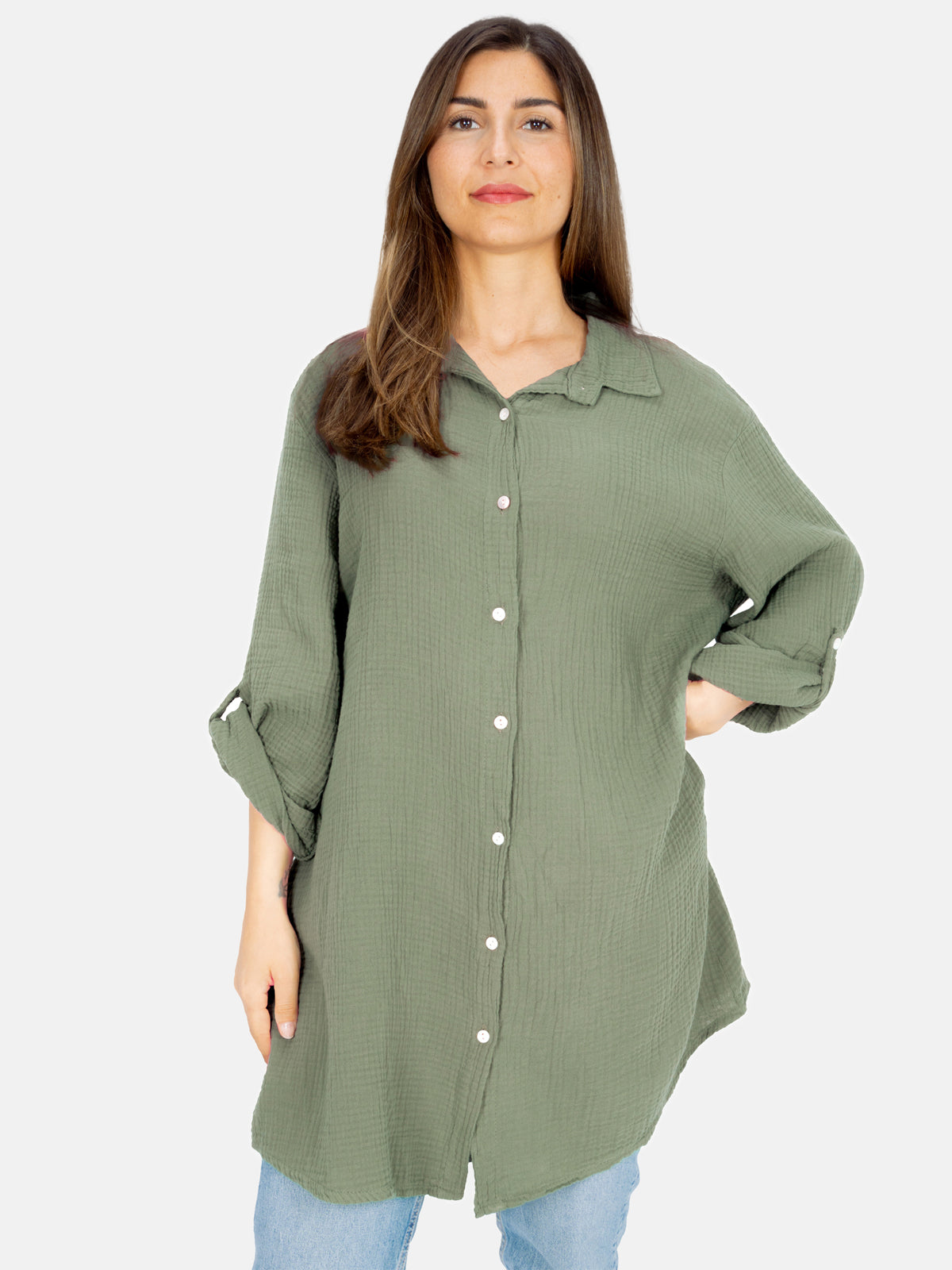 Musselinbluse mit Knopfverschluss & Taschen - khaki - Jessy