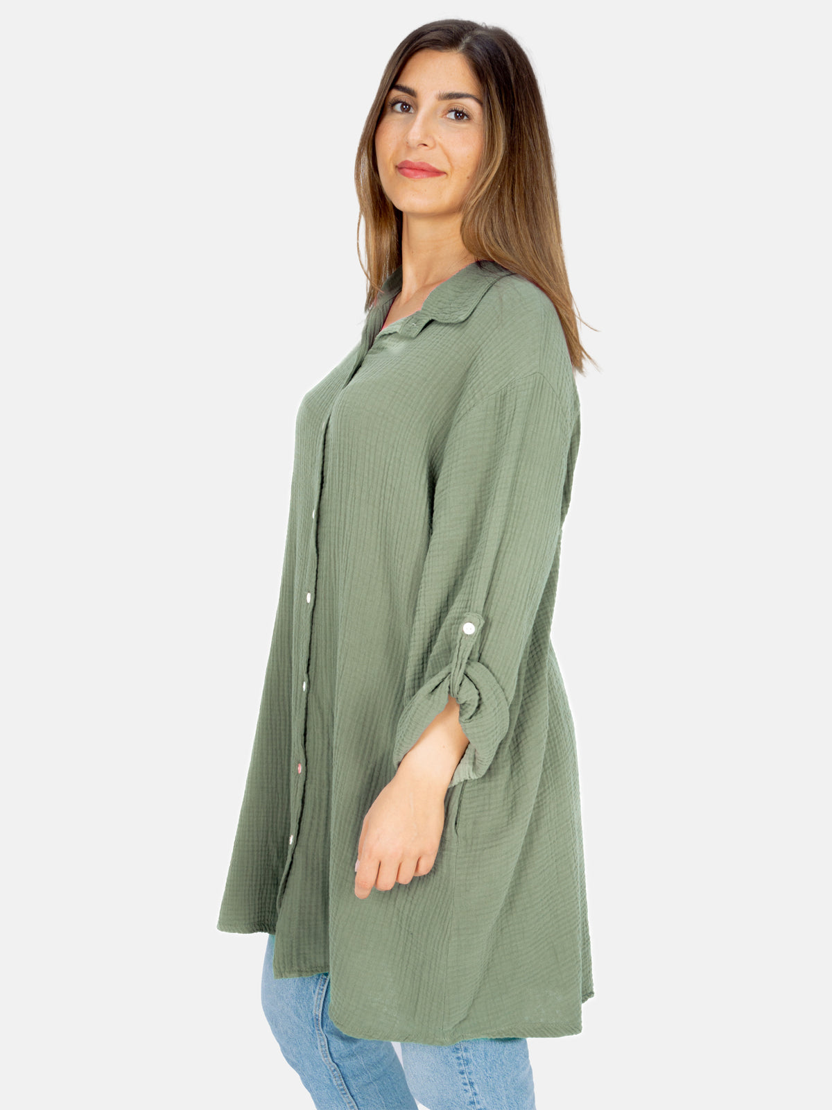 Musselinbluse mit Knopfverschluss & Taschen - khaki - Jessy