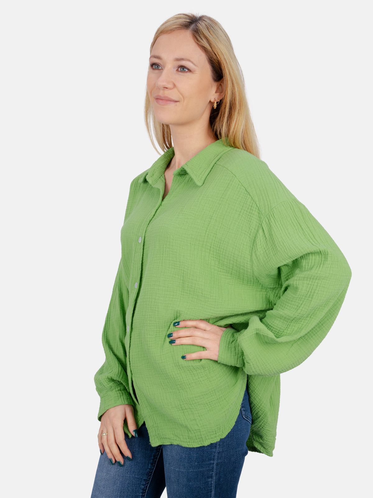 Kurze Musselin Hemdbluse mit Knöpfen - grasgrün - Sasha