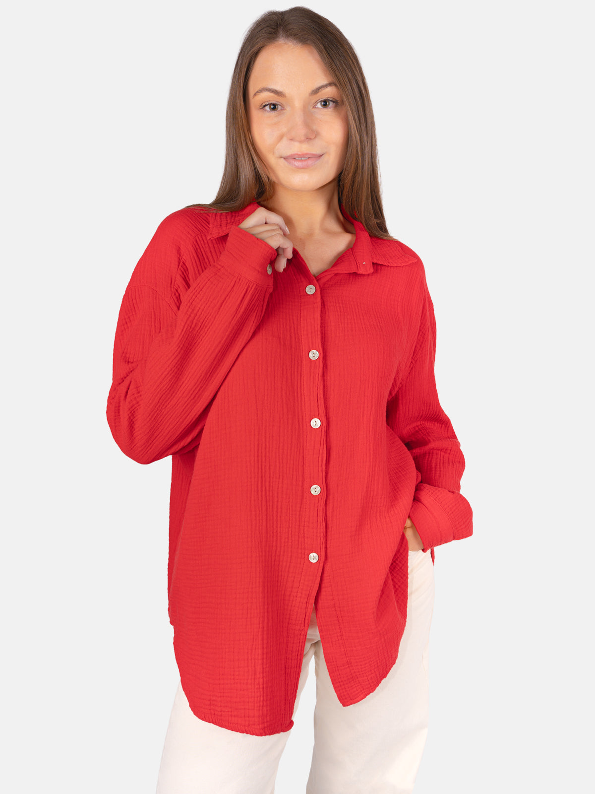 Kurze Musselin Hemdbluse mit Knöpfen - rot - Sasha
