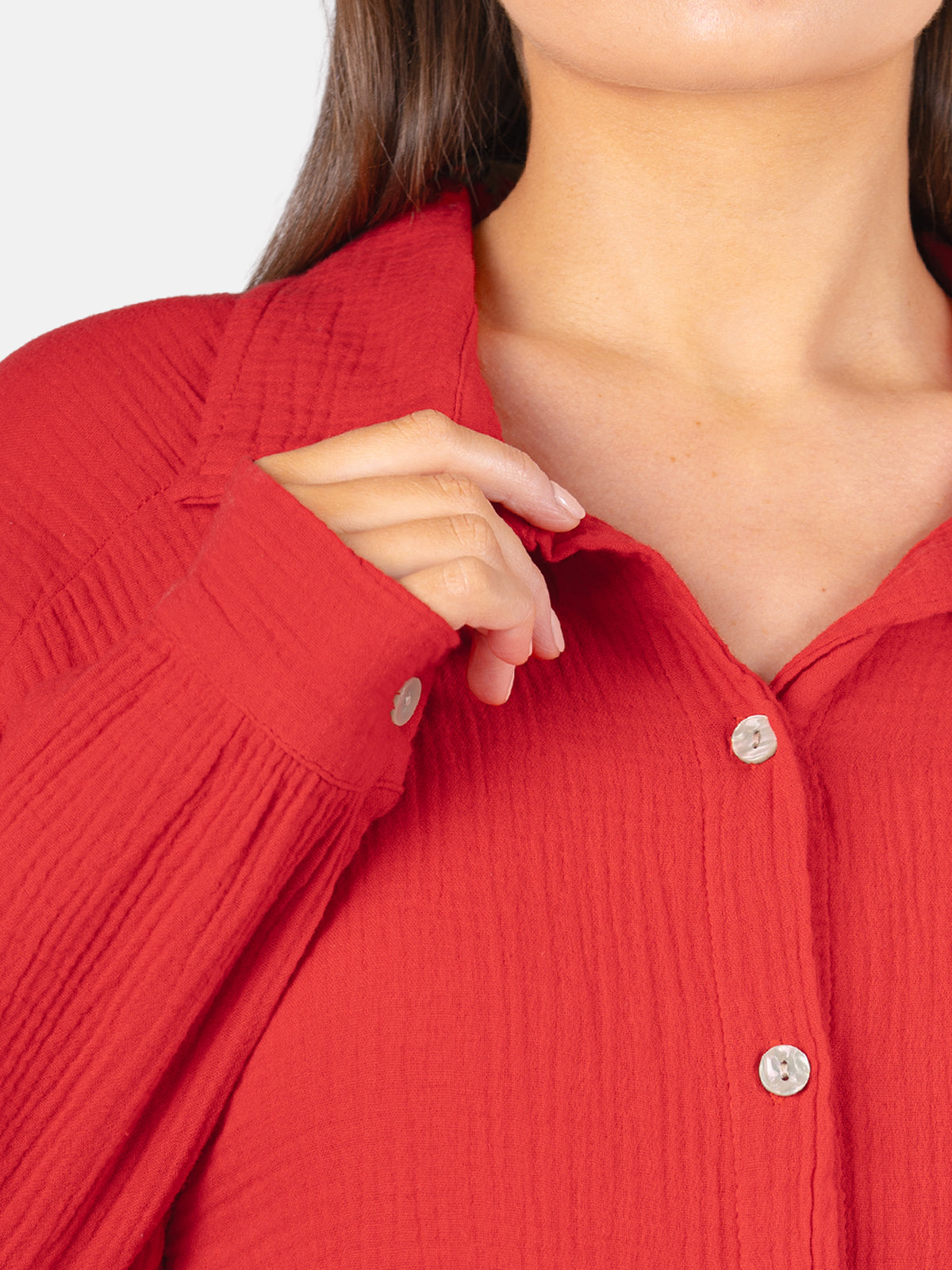 Kurze Musselin Hemdbluse mit Knöpfen - rot - Sasha