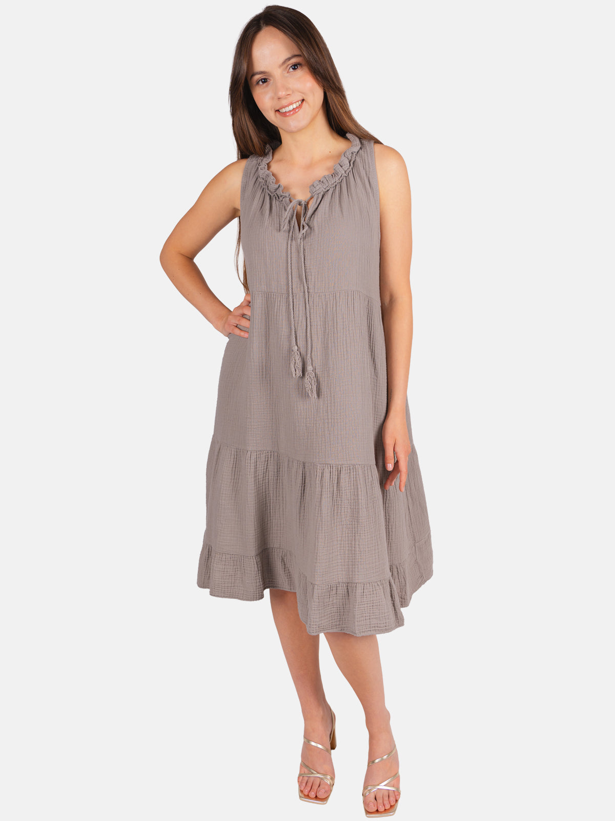 Musselin Kleid mit Tasseln - Buki in Taupe #Farbe_Taupe