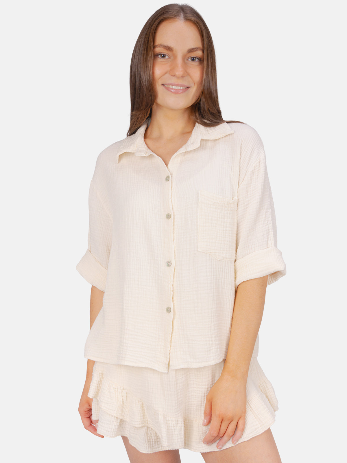 Kurze Musselin Bluse mit Tasche - Celina