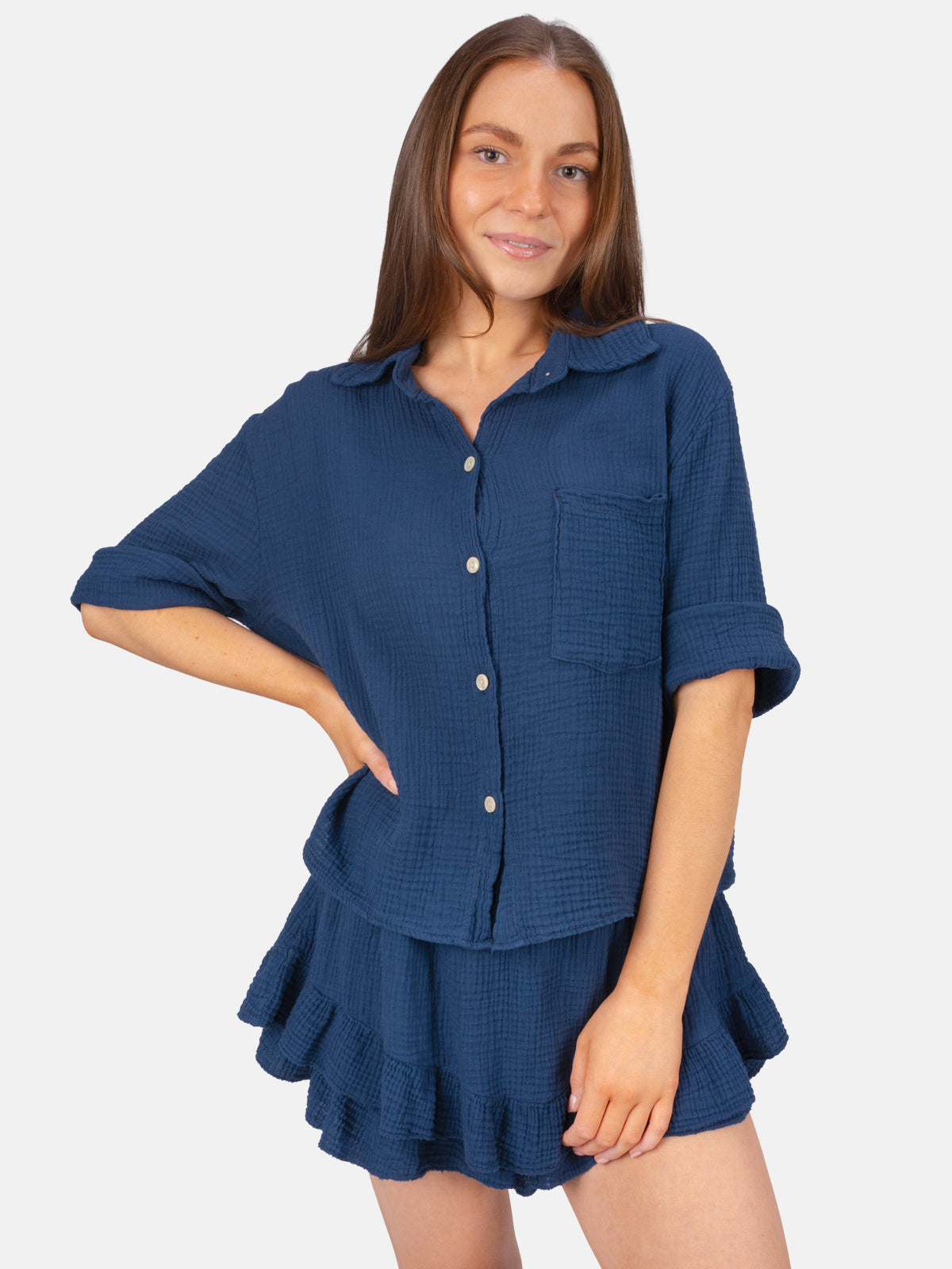 Kurze Musselin Bluse mit Tasche - Celina