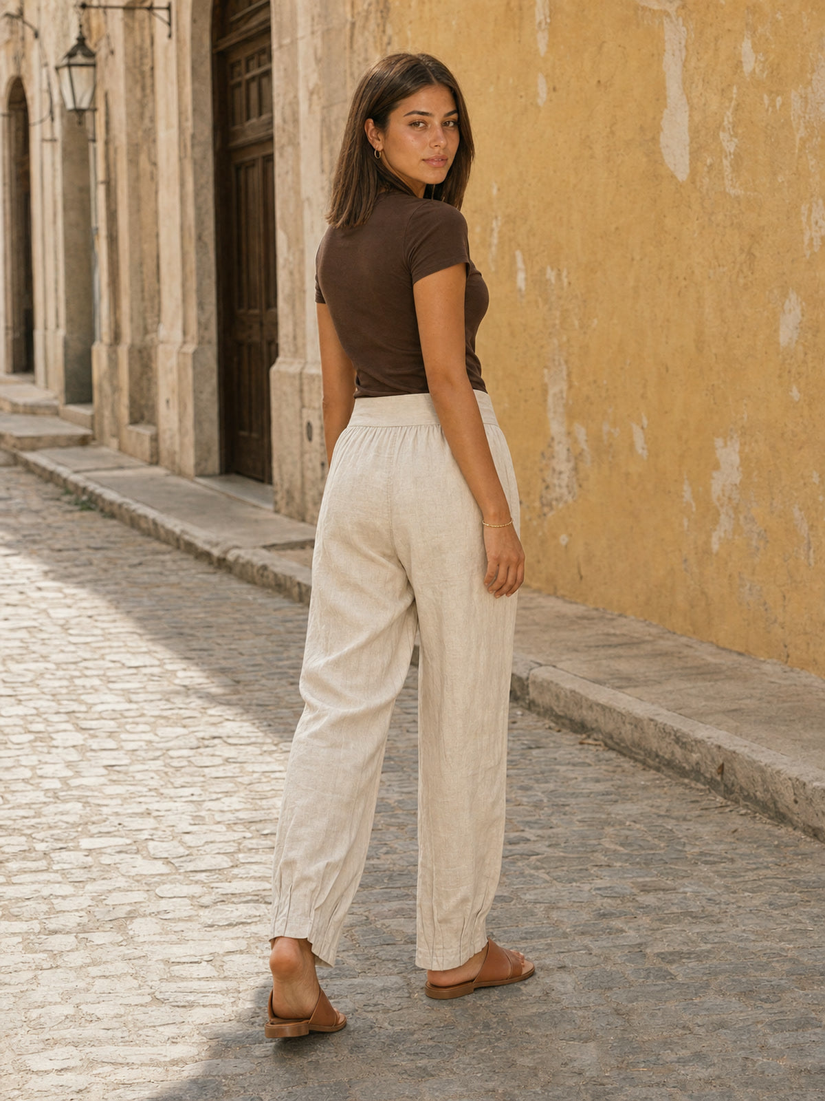 Lockere Damen Leinenhose - beige - Clara