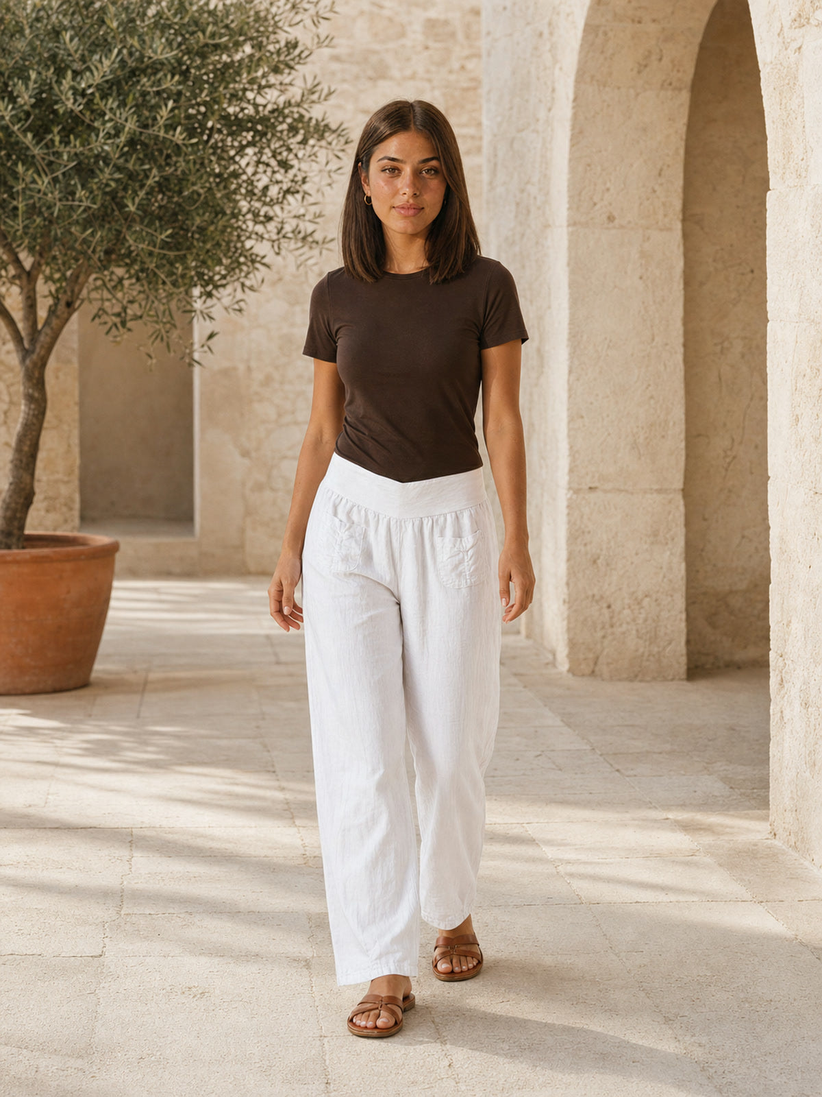 Lockere Damen Leinenhose - weiß - Clara
