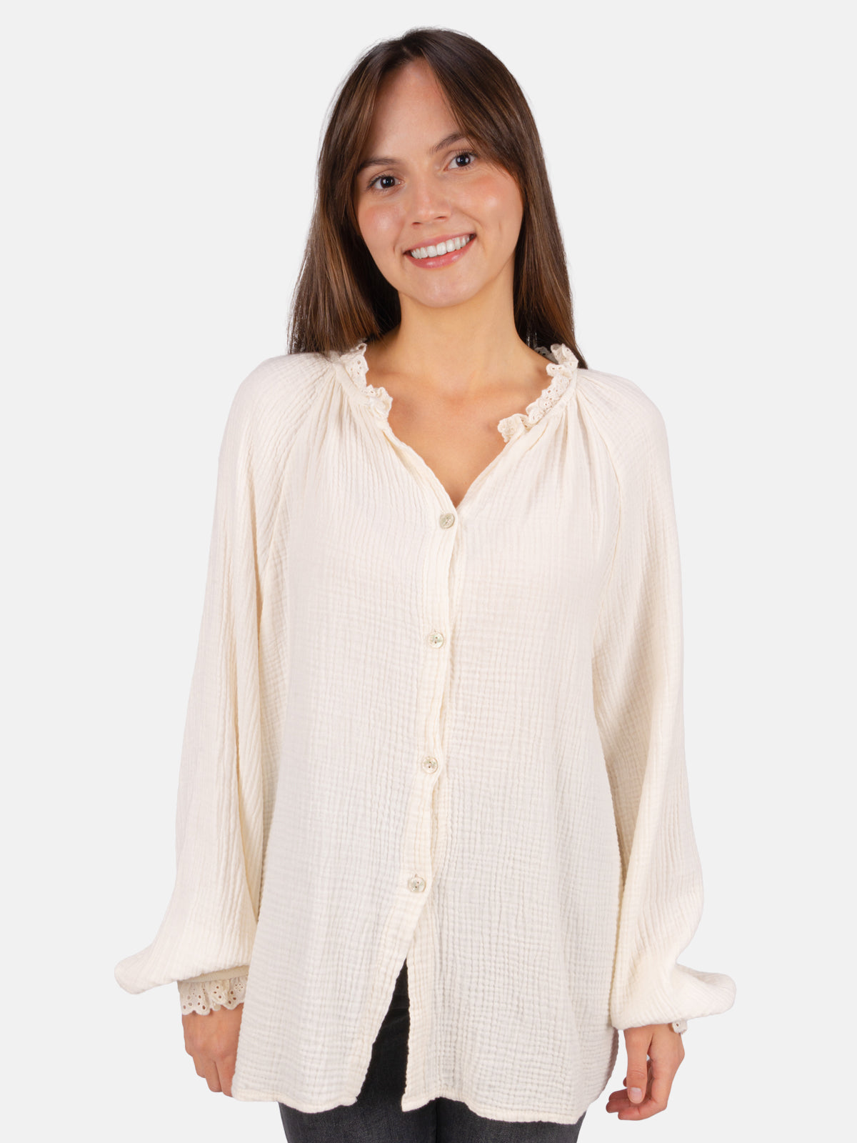 Musselinbluse Cloe Oversized mit Spitzendetails