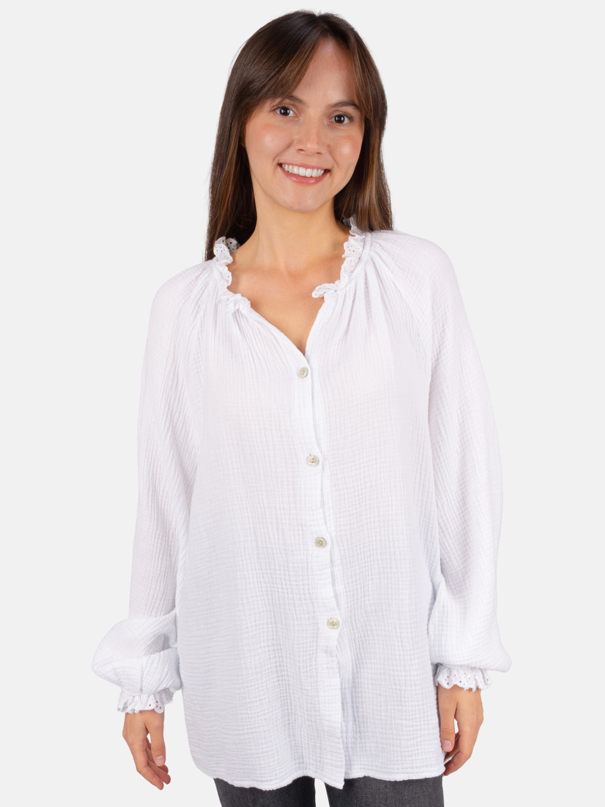 Musselinbluse Cloe Oversized mit Spitzendetails