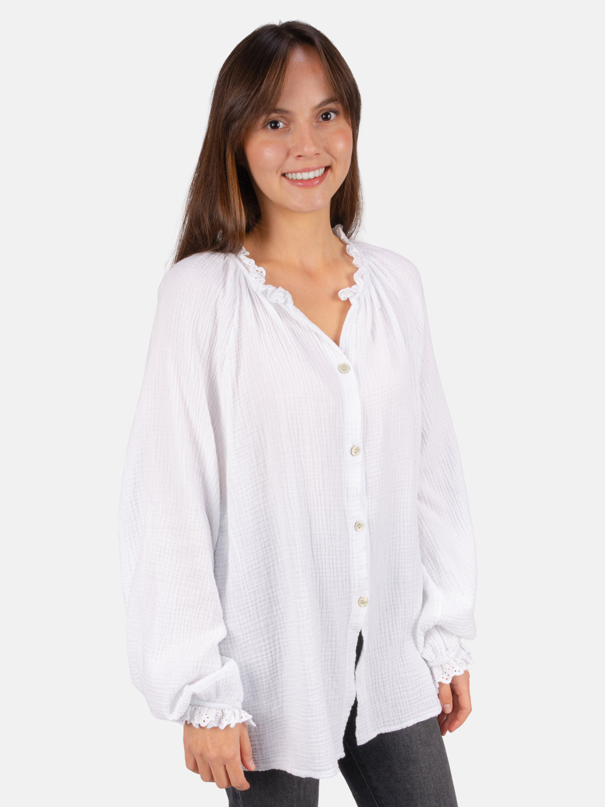 Musselinbluse Cloe Oversized mit Spitzendetails