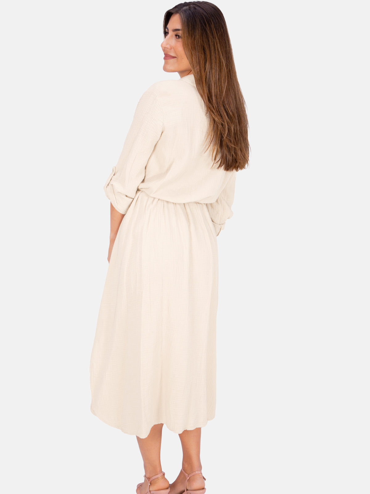 Langes Musselinkleid mit Bindegürtel - creme - Victoria