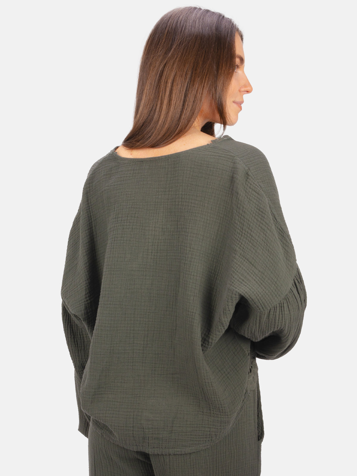 Musselin Bluse mit Lockstickerei zum Binden - Laura