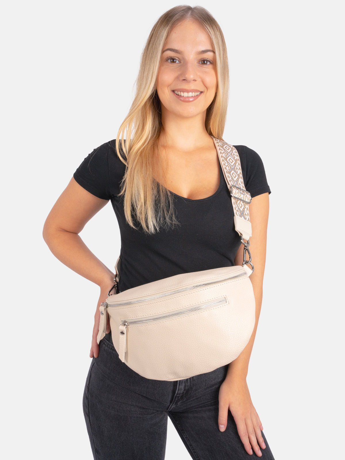 Große Crossbody Umhängetasche mit 2 Zipper aus 100% Leder - creme FF - Ella