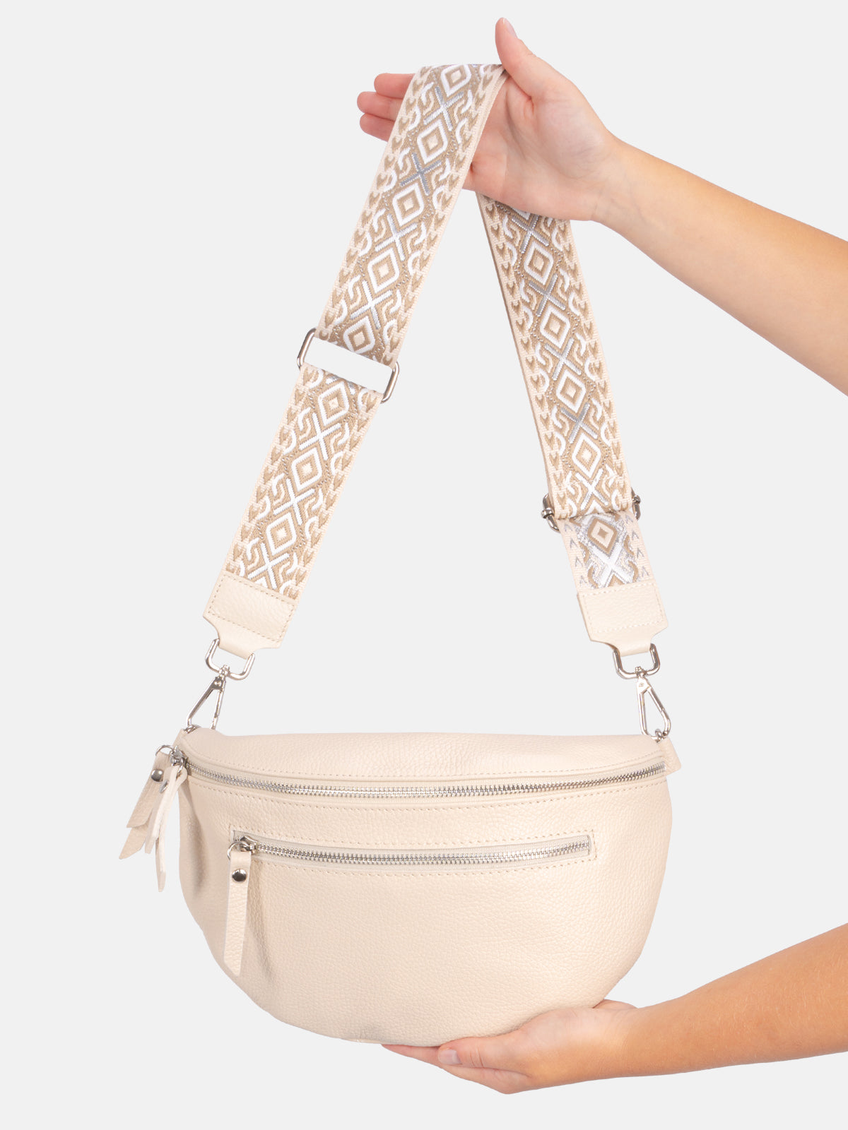 Große Crossbody Umhängetasche mit 2 Zipper aus 100% Leder - creme FF - Ella
