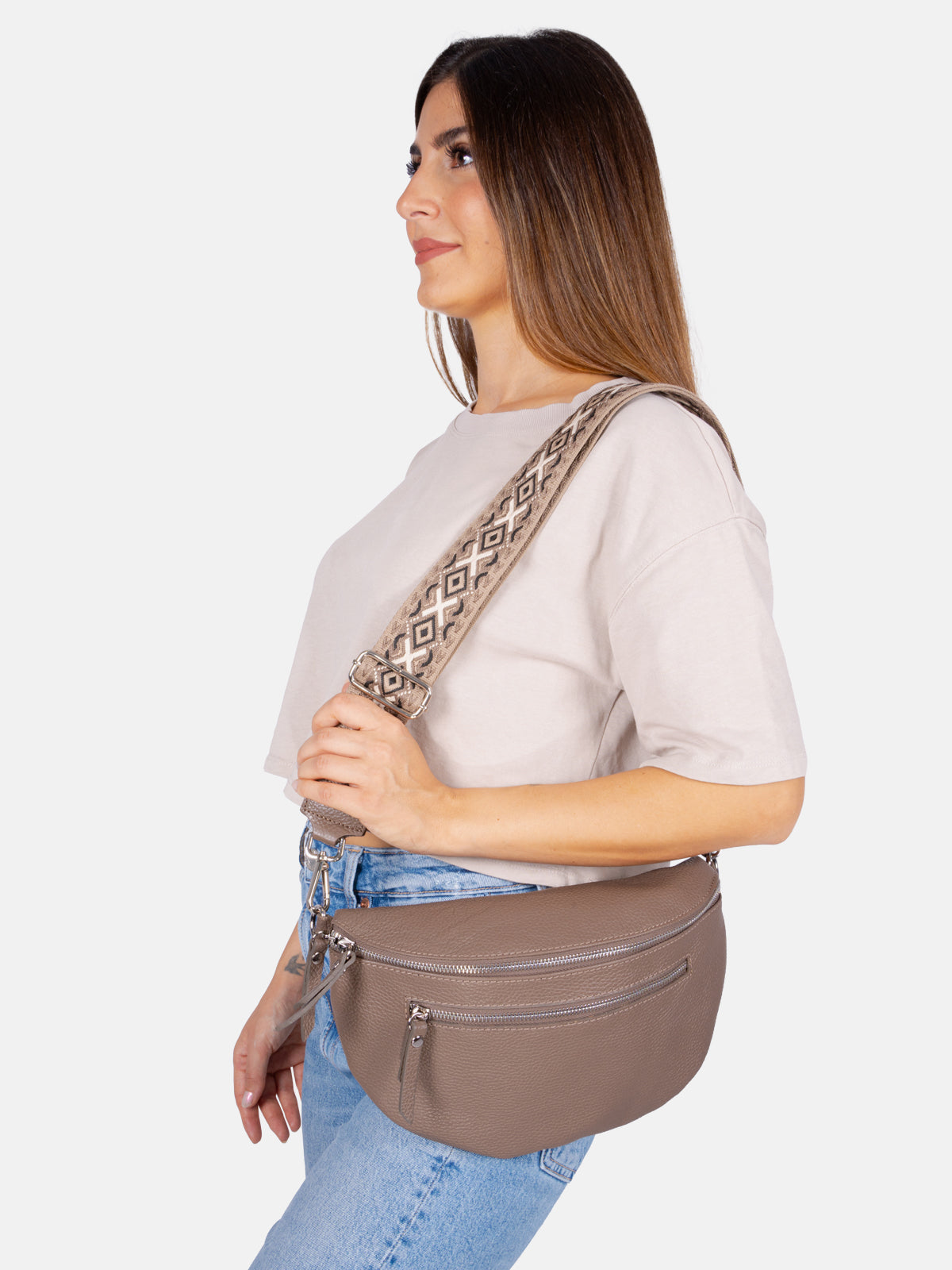 Große Crossbody Umhängetasche mit 2 Zipper aus 100% Leder - dark taupe - Ella