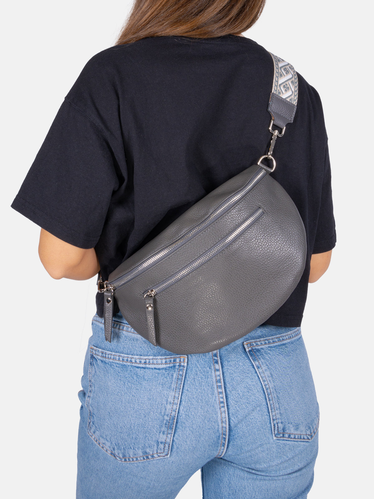 Große Crossbody Umhängetasche mit 2 Zipper aus 100% Leder - dark grau - Ella