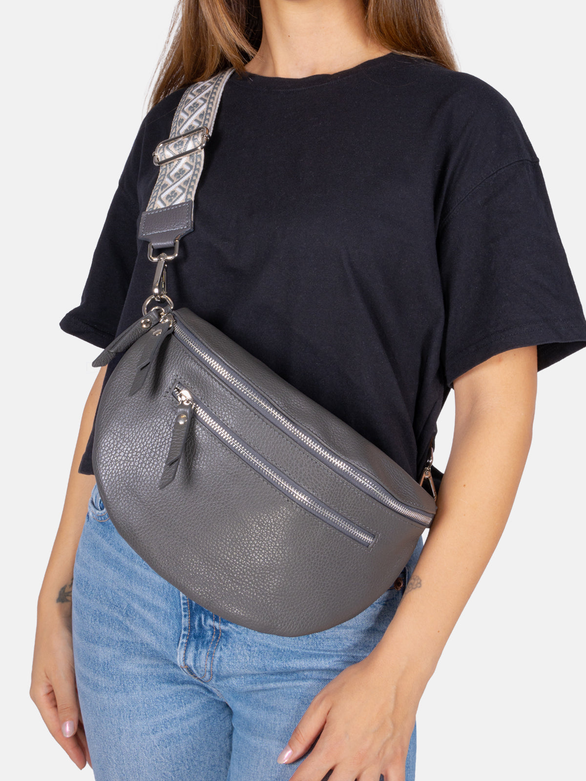 Große Crossbody Umhängetasche mit 2 Zipper aus 100% Leder - dark grau - Ella