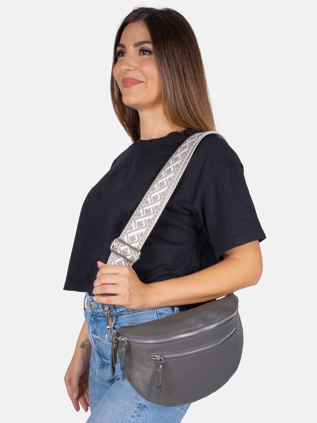 Große Crossbody Umhängetasche mit 2 Zipper aus 100% Leder - dark grau - Ella