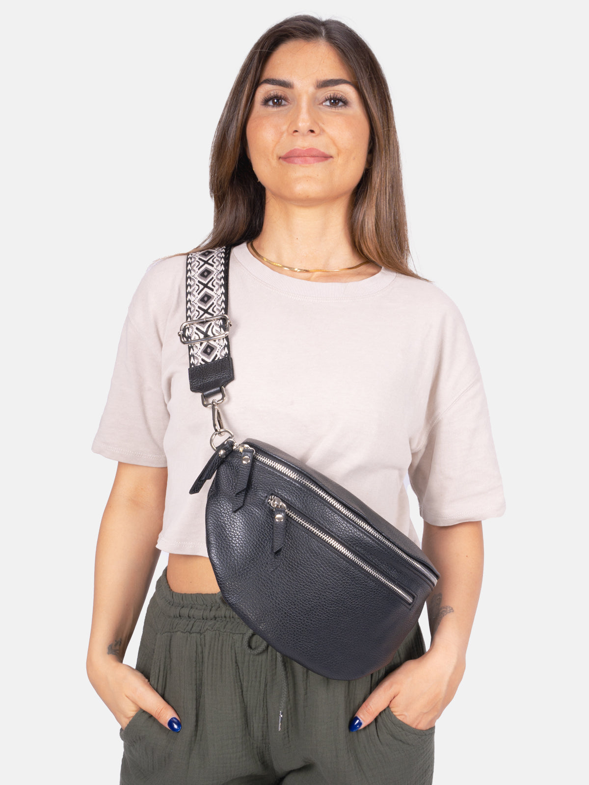 Große Crossbody Umhängetasche mit 2 Zipper aus 100% Leder - schwarz 2 - Ella BB