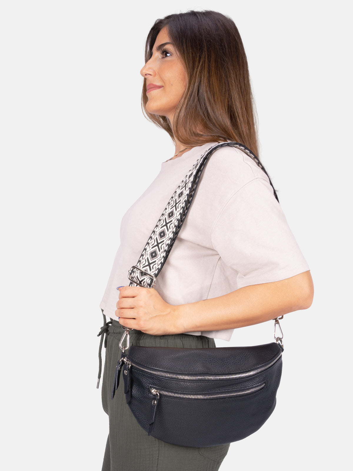 Große Crossbody Umhängetasche mit 2 Zipper aus 100% Leder - schwarz 2 - Ella BB