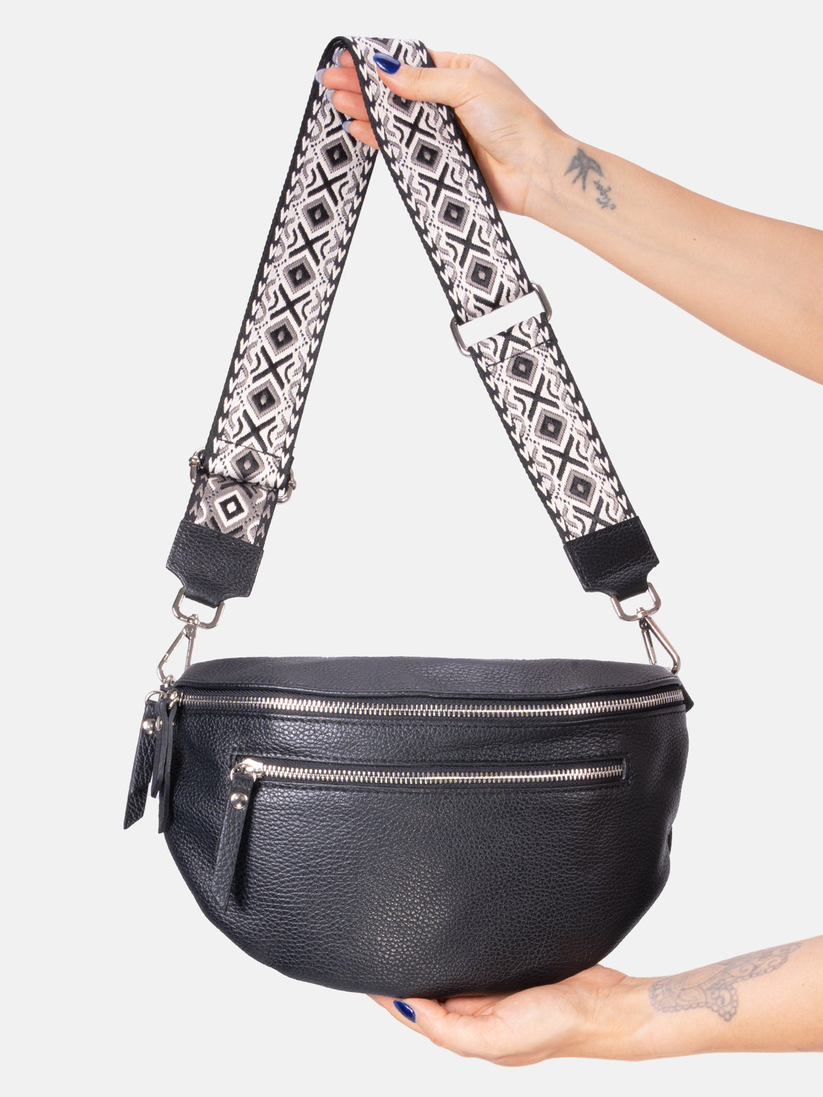 Große Crossbody Umhängetasche mit 2 Zipper aus 100% Leder - schwarz 2 - Ella BB