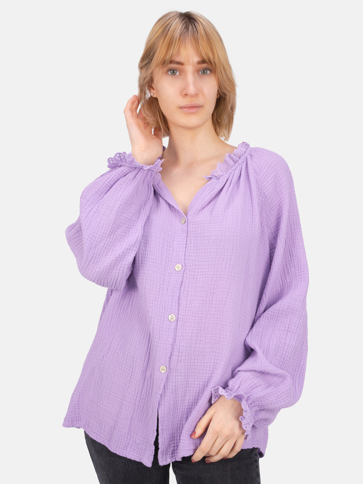 Musselinbluse mit Spitze/Rüsche - Emma