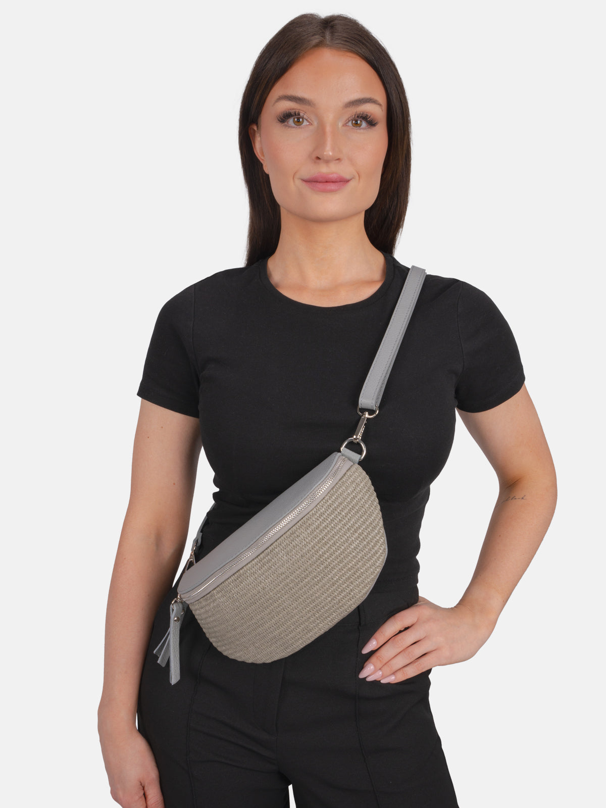 Raffia Leder Umhängetasche - Juna