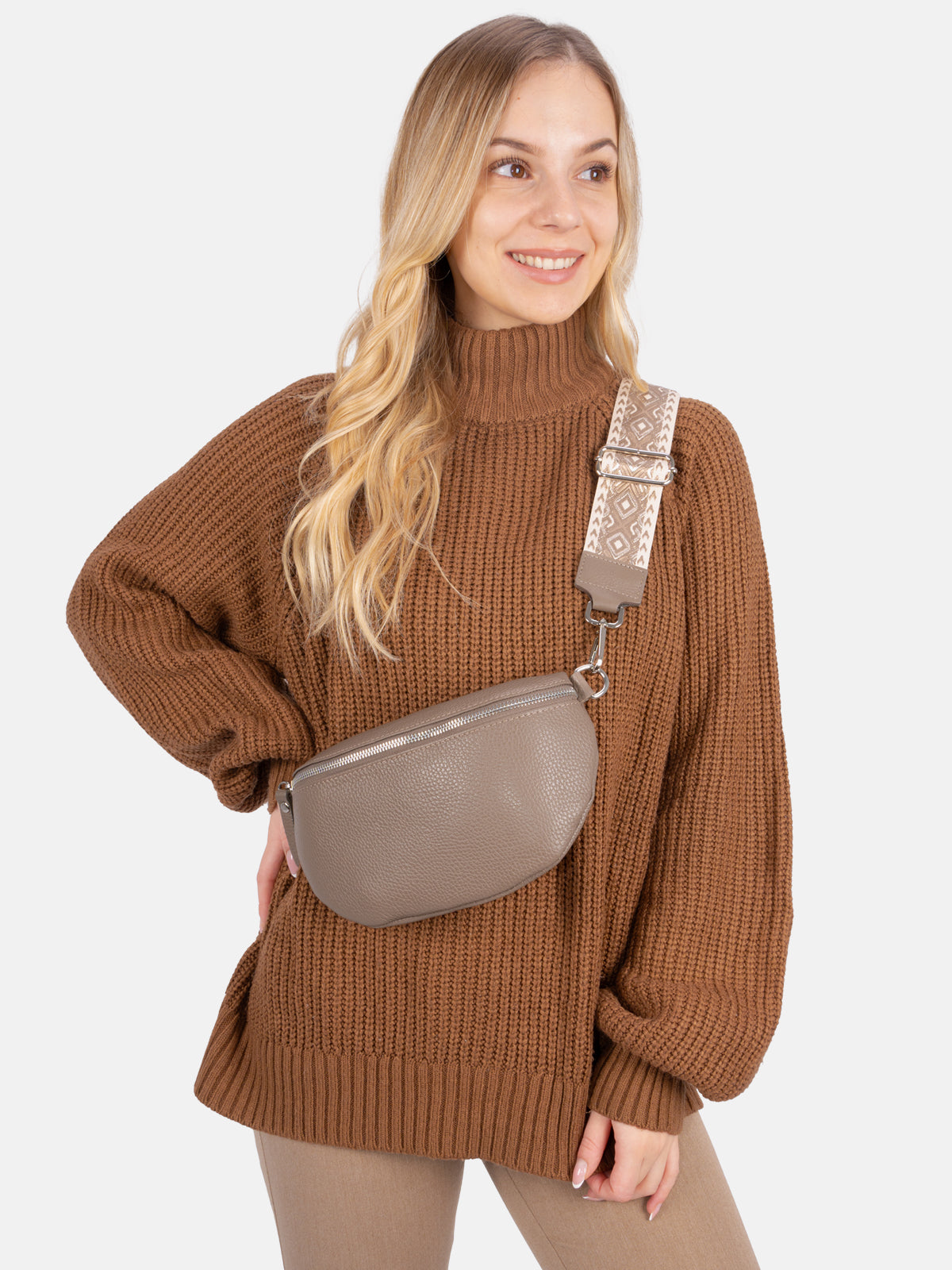 Mittelgroße Crossbody Gürteltasche aus 100% Leder - dark taupe - Helen