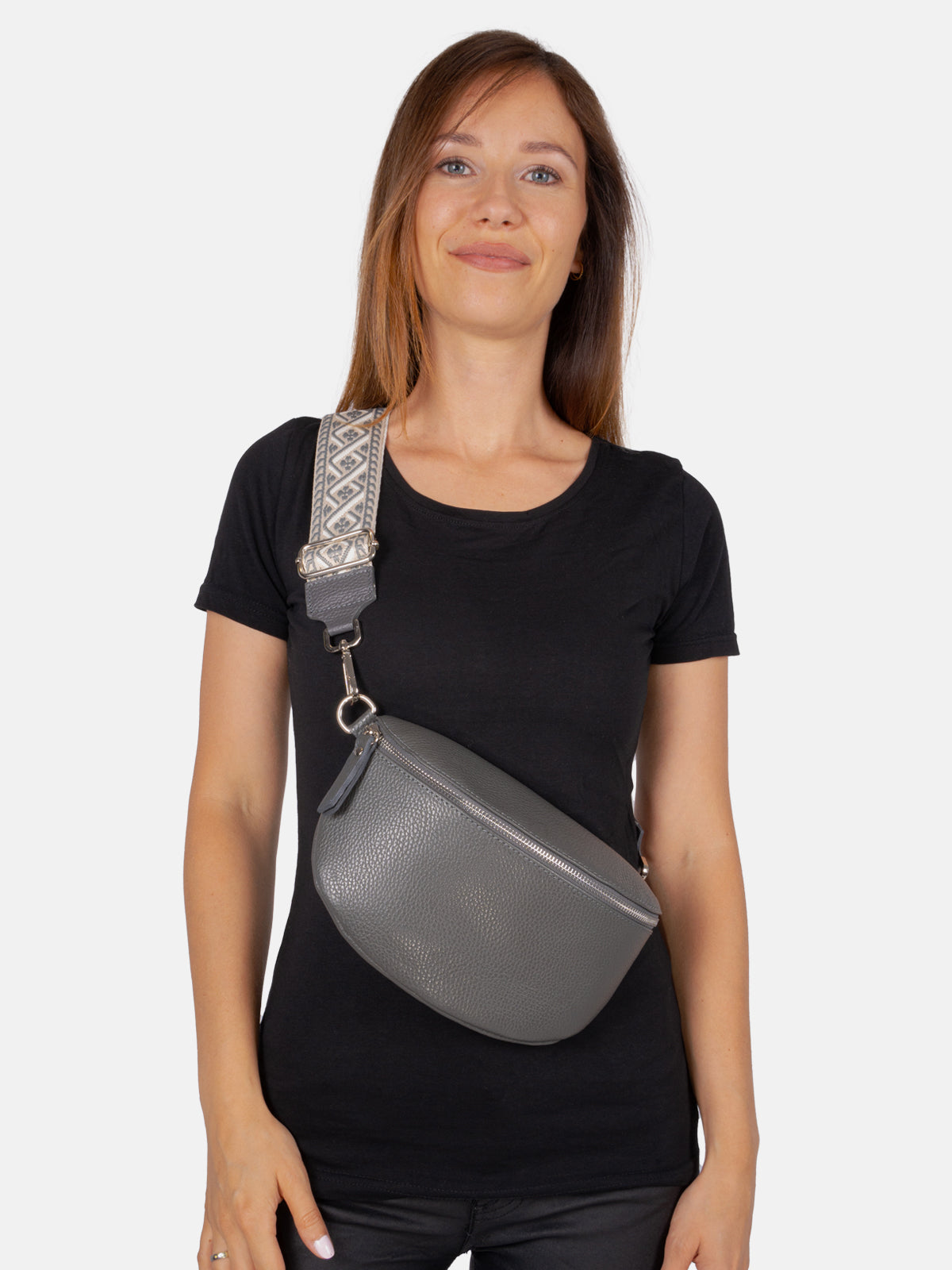 Mittelgroße Crossbody Gürteltasche aus 100% Leder - dark grau - Helen
