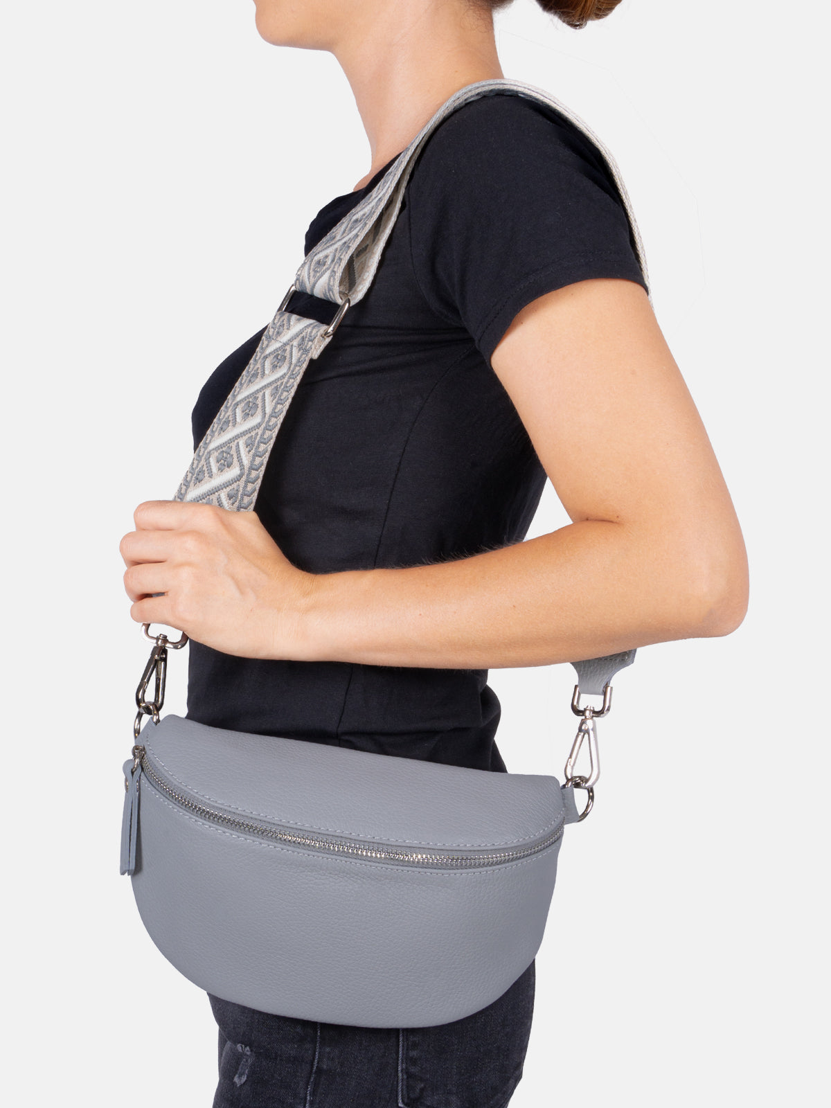 Mittelgroße Crossbody Gürteltasche aus 100% Leder - hellgrau - Helen