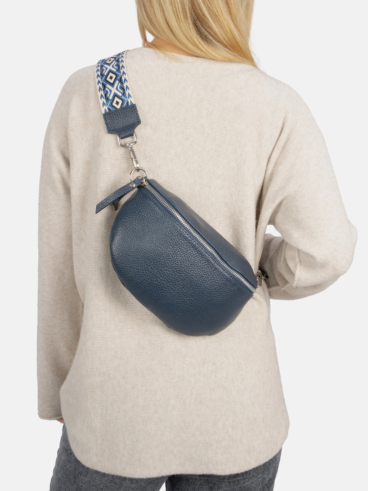 Mittelgroße Crossbody Gürteltasche aus 100% Leder - marineblau - Helen