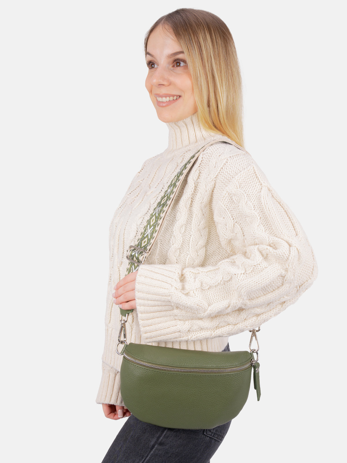 Mittelgroße Crossbody Gürteltasche aus 100% Leder - olivgrün - Helen