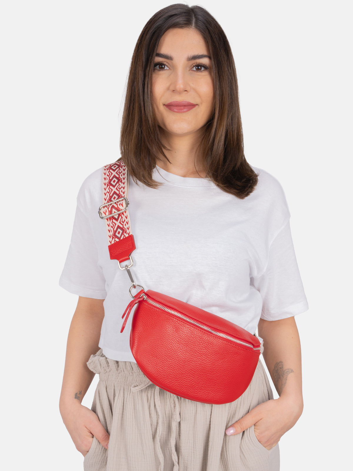 Mittelgroße Crossbody Gürteltasche aus 100% Leder - rot - Helen