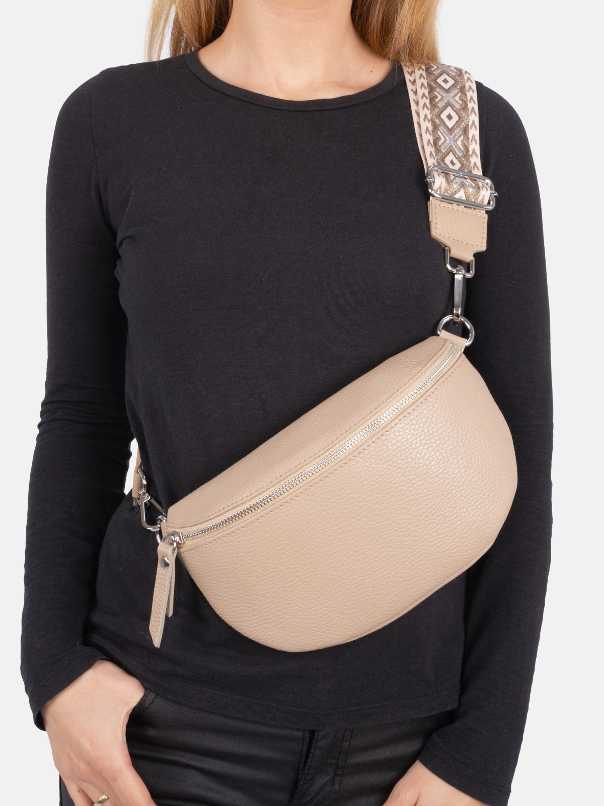 Mittelgroße Crossbody Gürteltasche aus 100% Leder - taupe - Helen