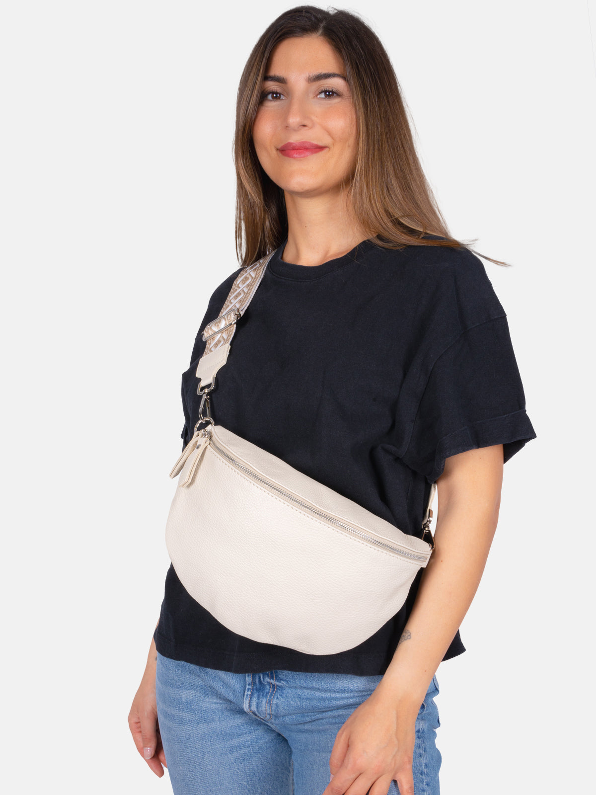 Große Crossbody Gürteltasche aus 100% Leder - creme 1 - Jaime