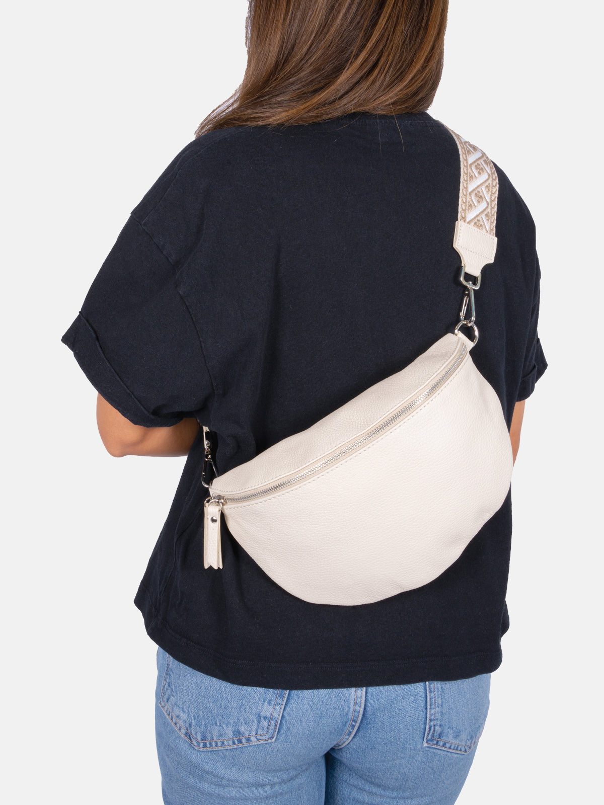 Große Crossbody Gürteltasche aus 100% Leder - creme 1 - Jaime