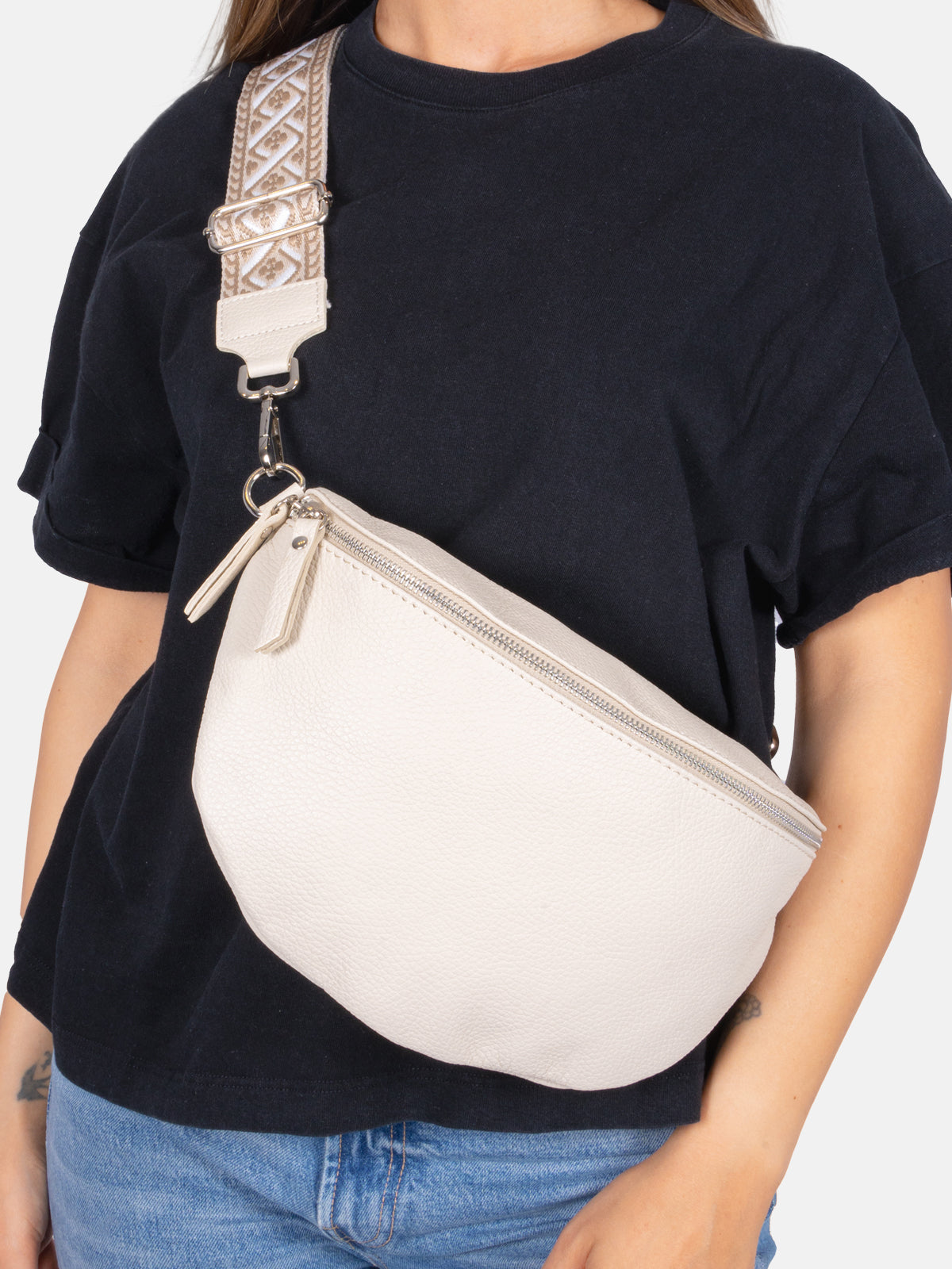 Große Crossbody Gürteltasche aus 100% Leder - creme 1 - Jaime