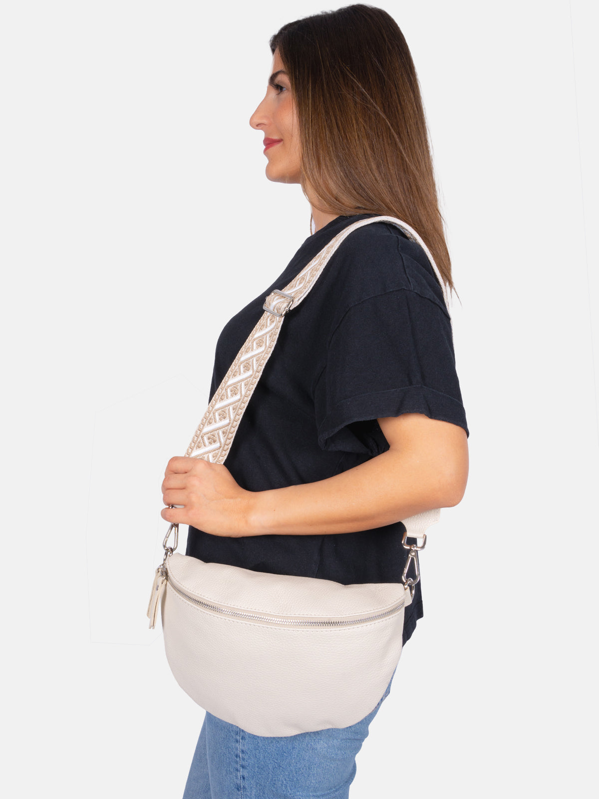 Große Crossbody Gürteltasche aus 100% Leder - creme 1 - Jaime