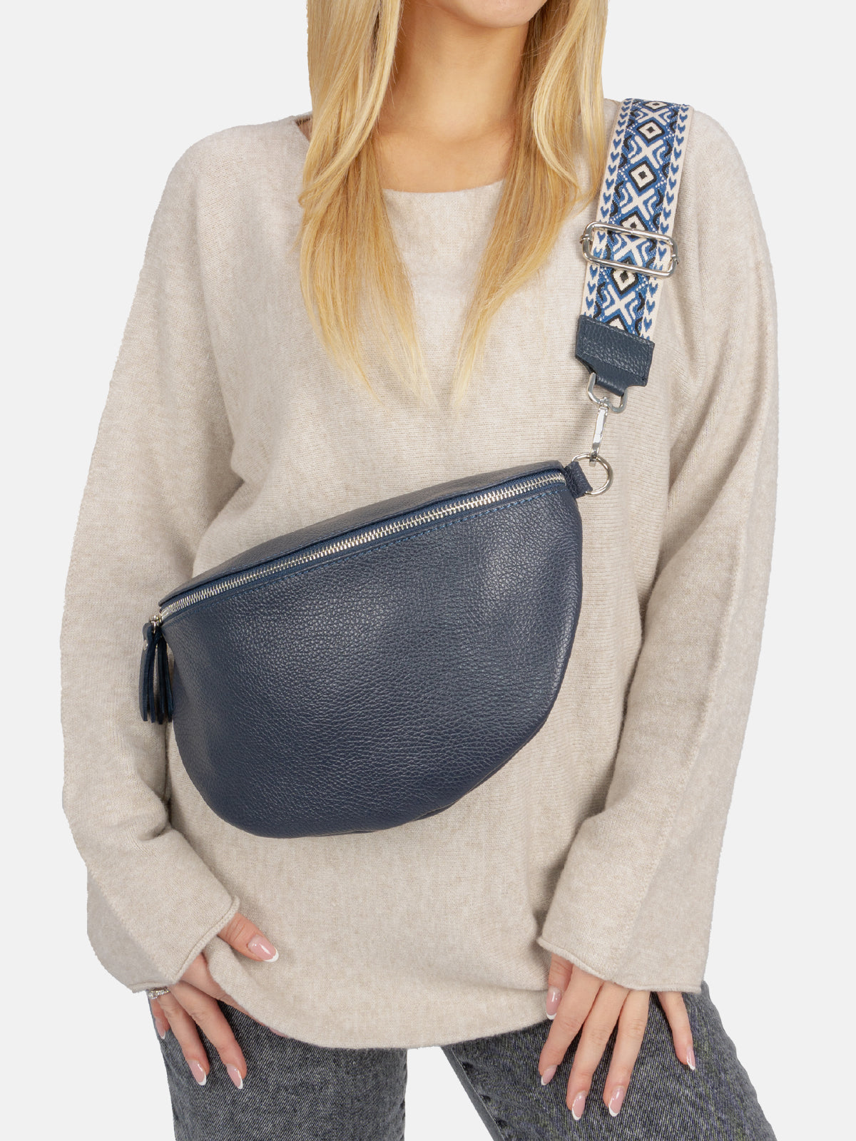 Große Crossbody Gürteltasche aus 100% Leder - marineblau - Jaime