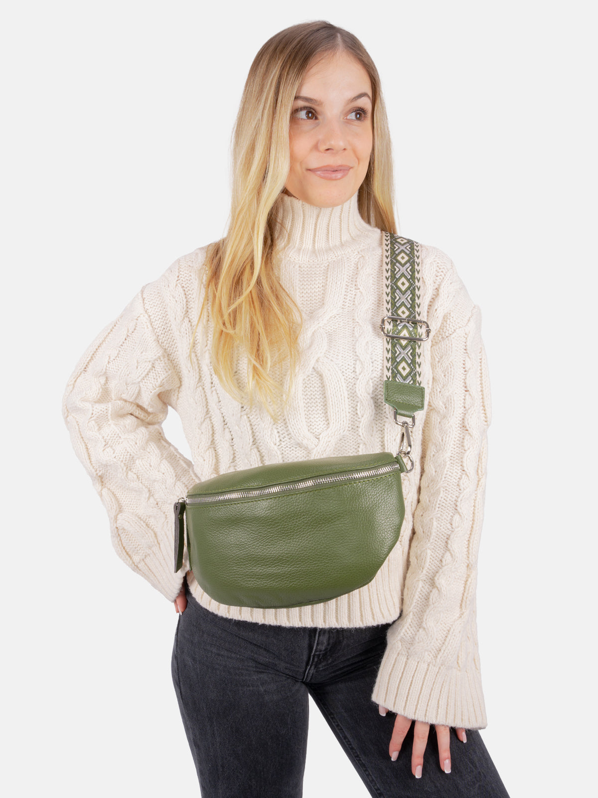 Große Crossbody Gürteltasche aus 100% Leder - olivgrün - Jaime