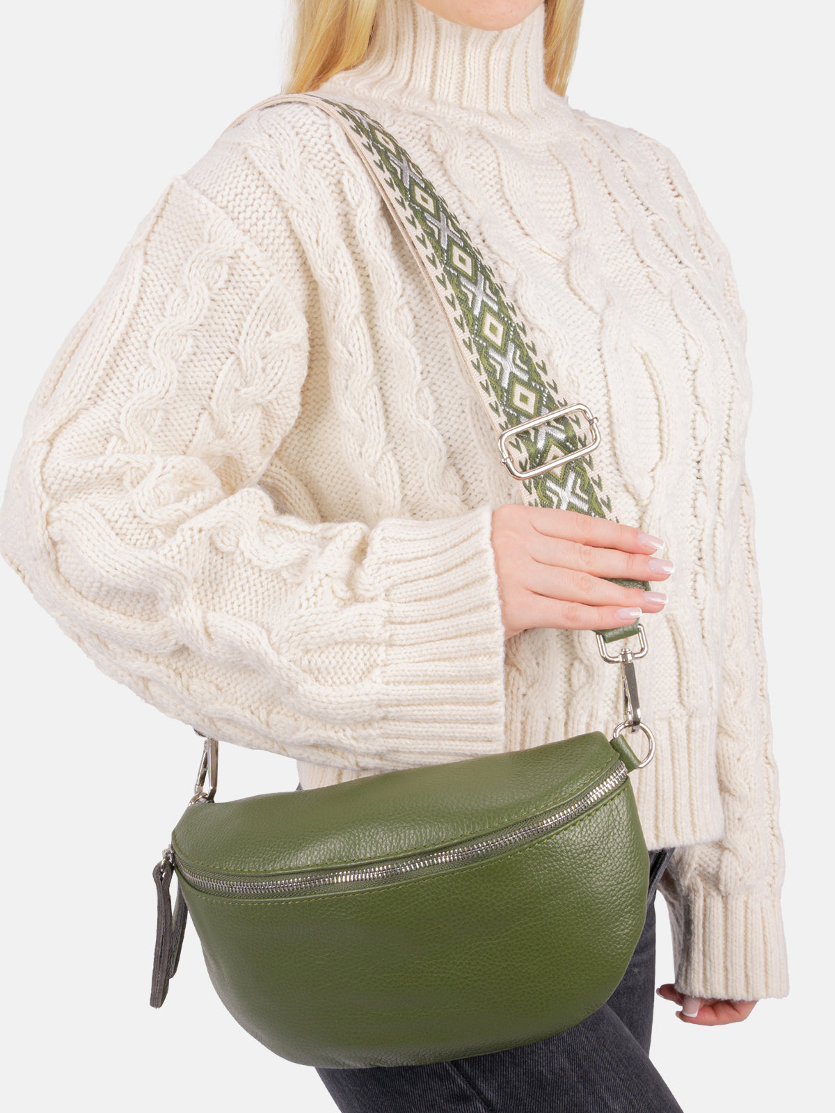 Große Crossbody Gürteltasche aus 100% Leder - olivgrün - Jaime