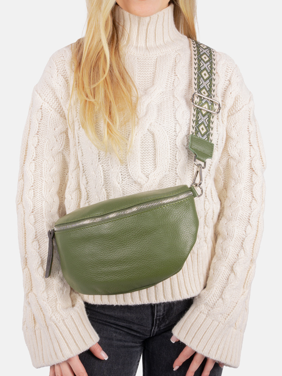 Große Crossbody Gürteltasche aus 100% Leder - olivgrün - Jaime