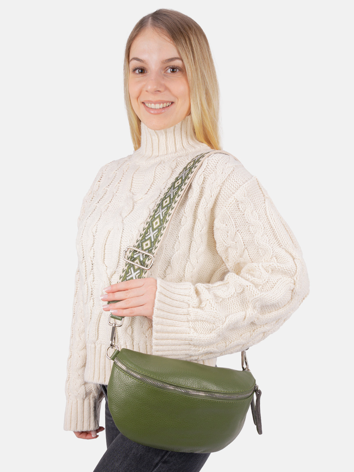 Große Crossbody Gürteltasche aus 100% Leder - olivgrün - Jaime