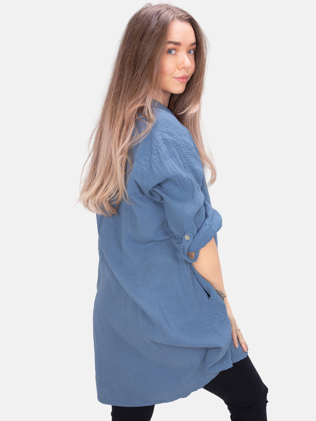 Musselinbluse mit Knopfverschluss & Taschen - jeansblau - Jessy