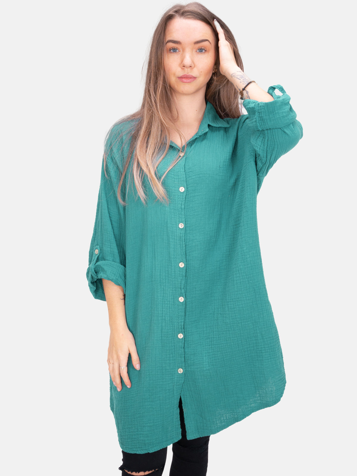 Musselinbluse mit Knopfverschluss & Taschen - petrol - Jessy