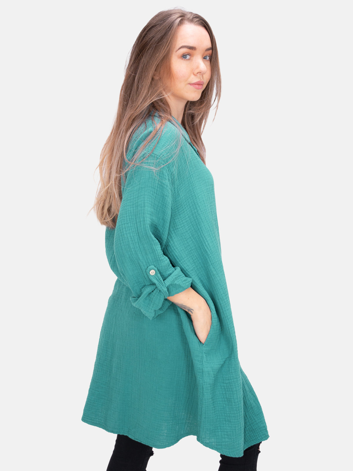 Musselinbluse mit Knopfverschluss & Taschen - petrol - Jessy