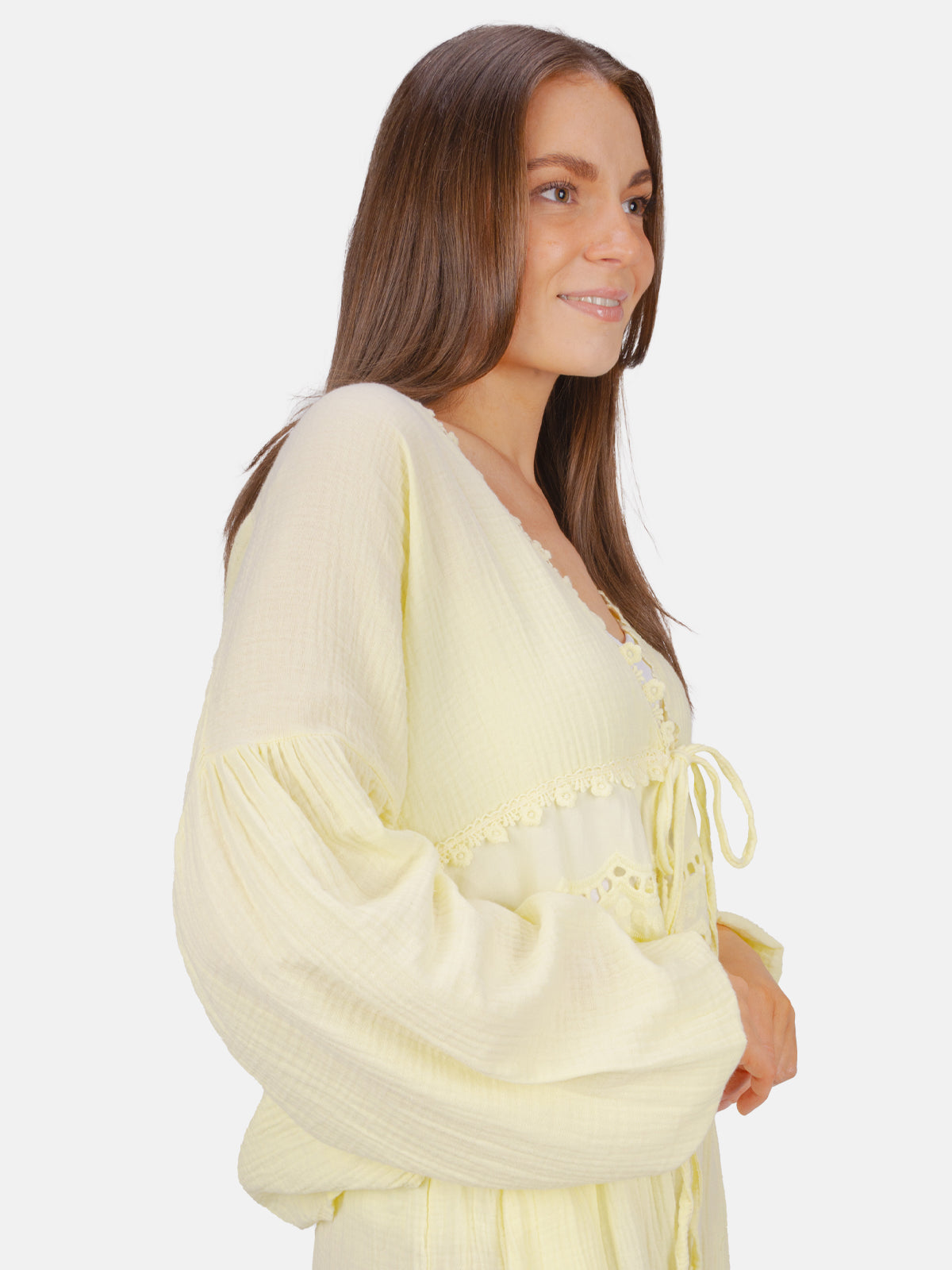 Musselin Bluse mit Lockstickerei zum Binden - Laura