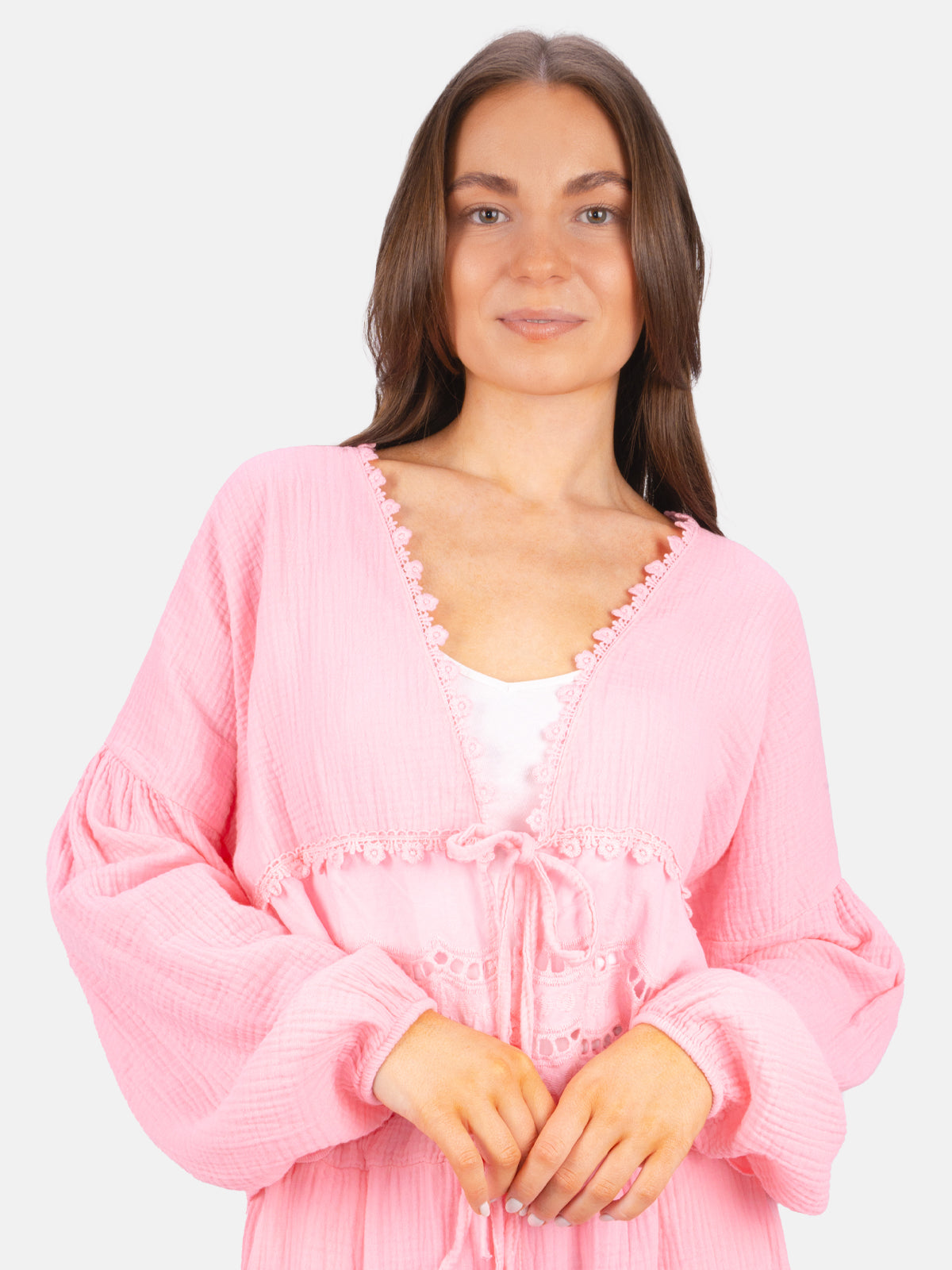 Musselin Bluse mit Lockstickerei zum Binden - Laura
